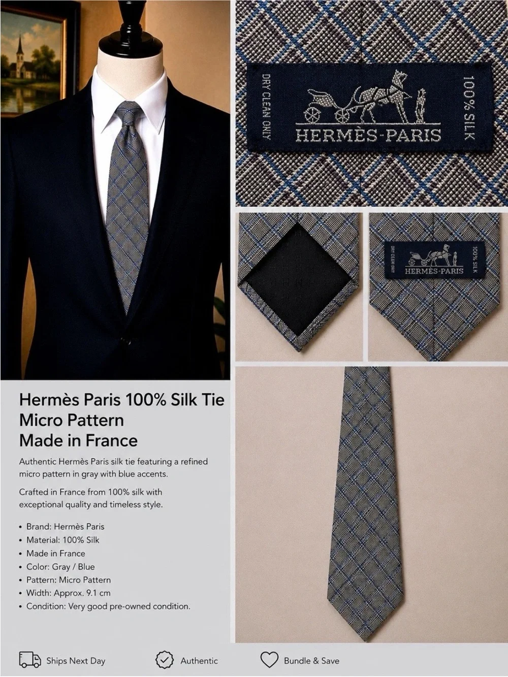Hermès Gray and Blue Micro-Pattern Silk Tie